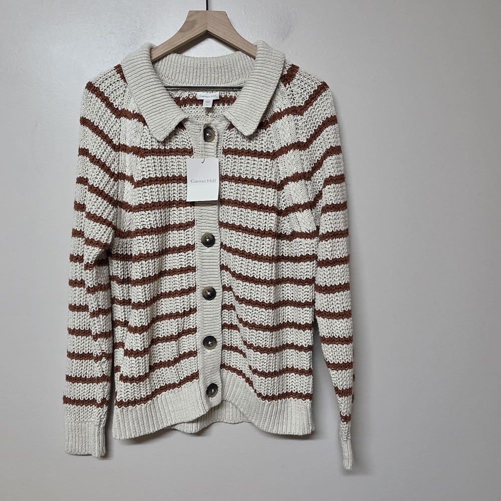 Garnet Hill Maren Cardigan Sweater L Organic Cotton Linen Striped Open Knit NWT
